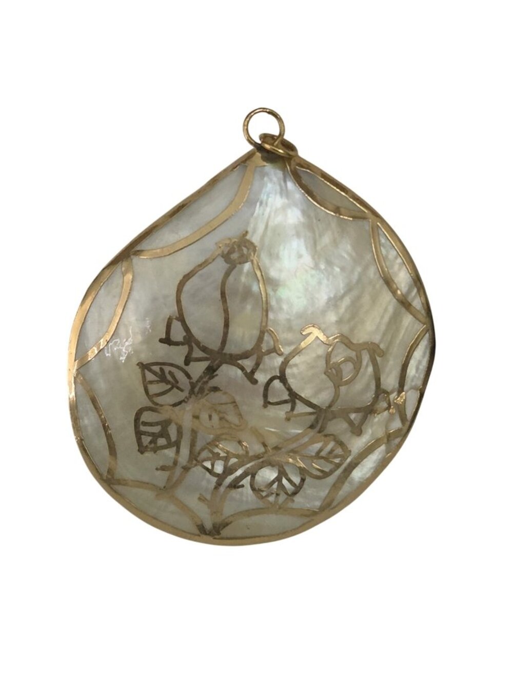 White Abalone Gilded Shell Necklace 2.5" Pendant Gold Tone Rose Design
